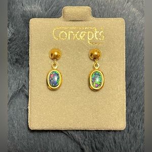 Concepts 24K Gold Plated Surgical SS Black Opal Simulate Dangle Earrings
